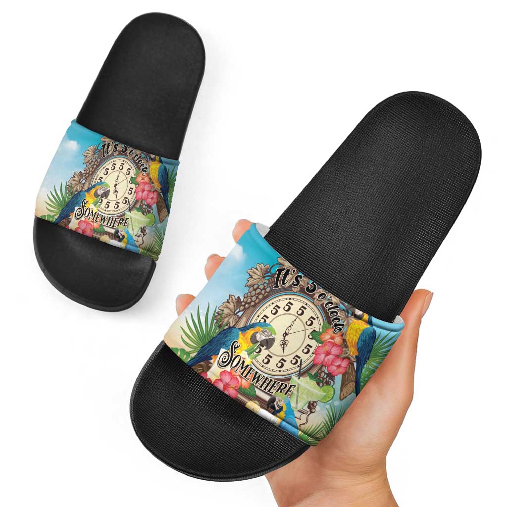 It's 5 o'clock Somewhere Slide Sandals Hawaiian Tropical Parrots - Wonder Print Shop