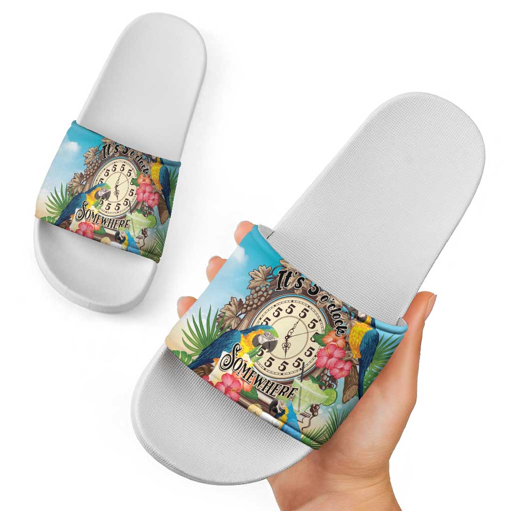 It's 5 o'clock Somewhere Slide Sandals Hawaiian Tropical Parrots - Wonder Print Shop
