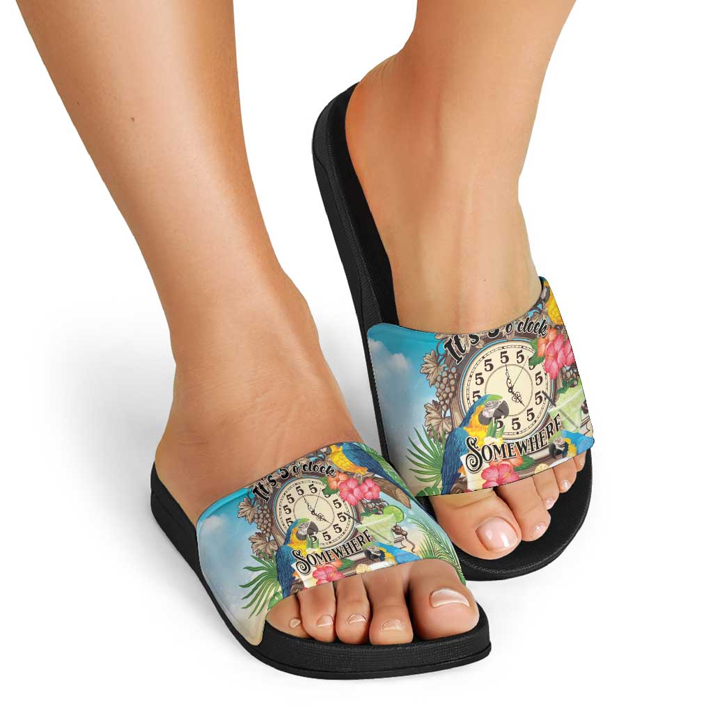 It's 5 o'clock Somewhere Slide Sandals Hawaiian Tropical Parrots - Wonder Print Shop
