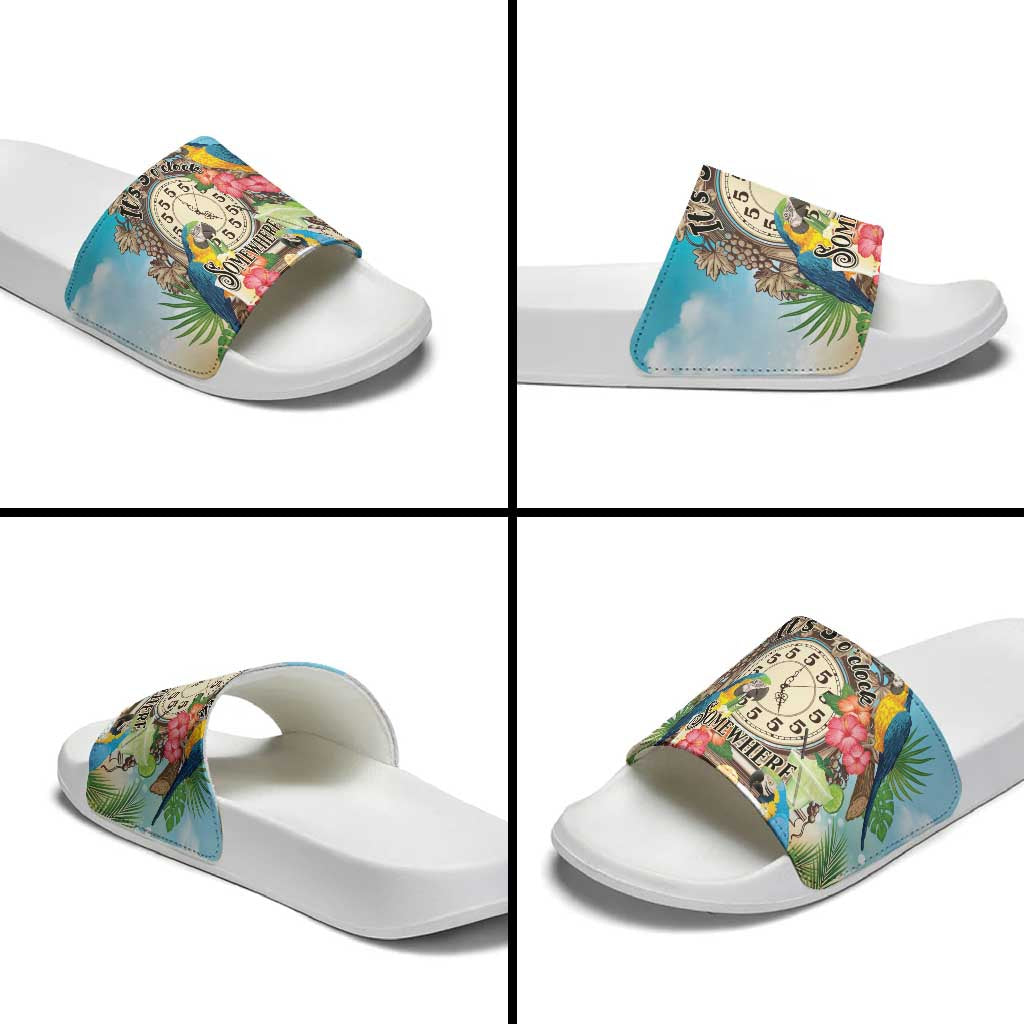 It's 5 o'clock Somewhere Slide Sandals Hawaiian Tropical Parrots - Wonder Print Shop