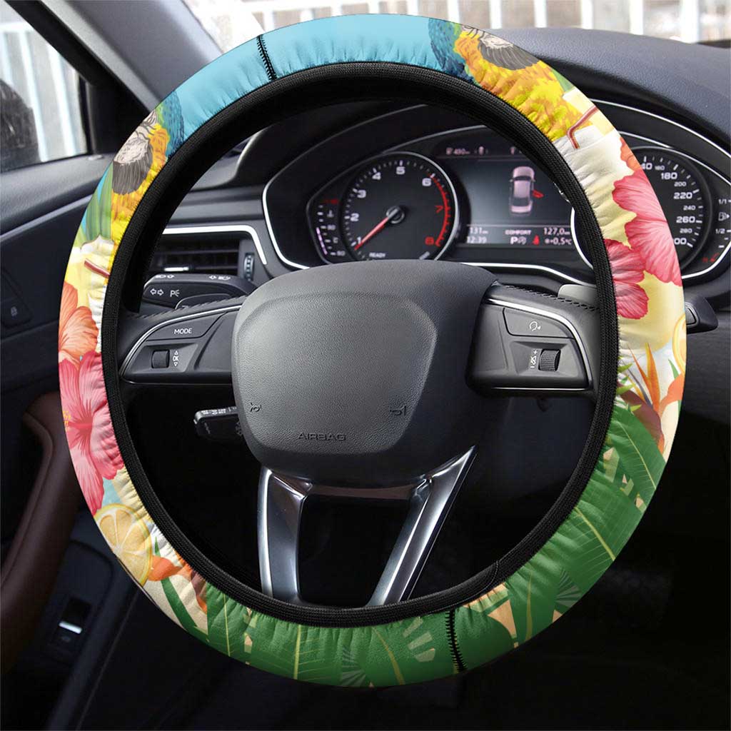 It's 5 o'clock Somewhere Steering Wheel Cover Hawaiian Tropical Parrots - Wonder Print Shop