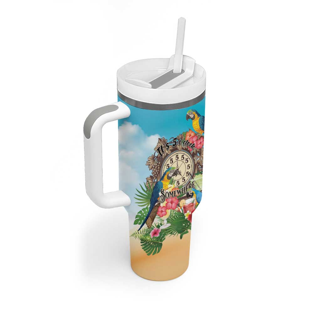 Personalized It's 5 o'clock Somewhere Tumbler With Handle Hawaiian Tropical Parrots - Wonder Print Shop