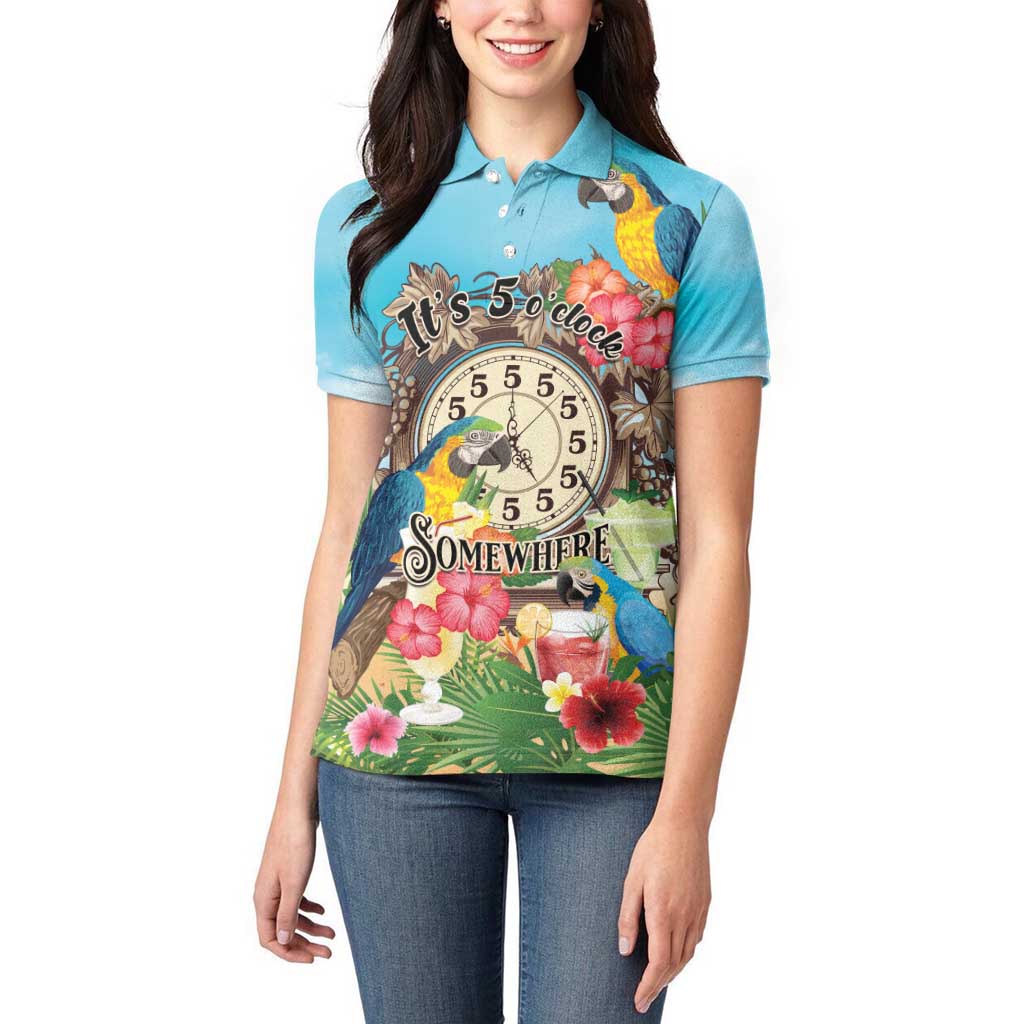 Personalized It's 5 o'clock Somewhere Women Polo Shirt Hawaiian Tropical Parrots - Wonder Print Shop