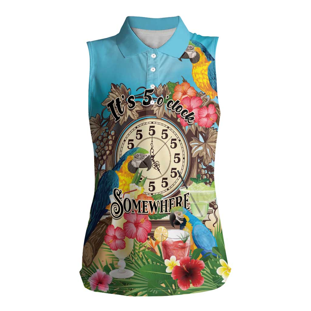 Personalized It's 5 o'clock Somewhere Women Sleeveless Polo Shirt Hawaiian Tropical Parrots - Wonder Print Shop