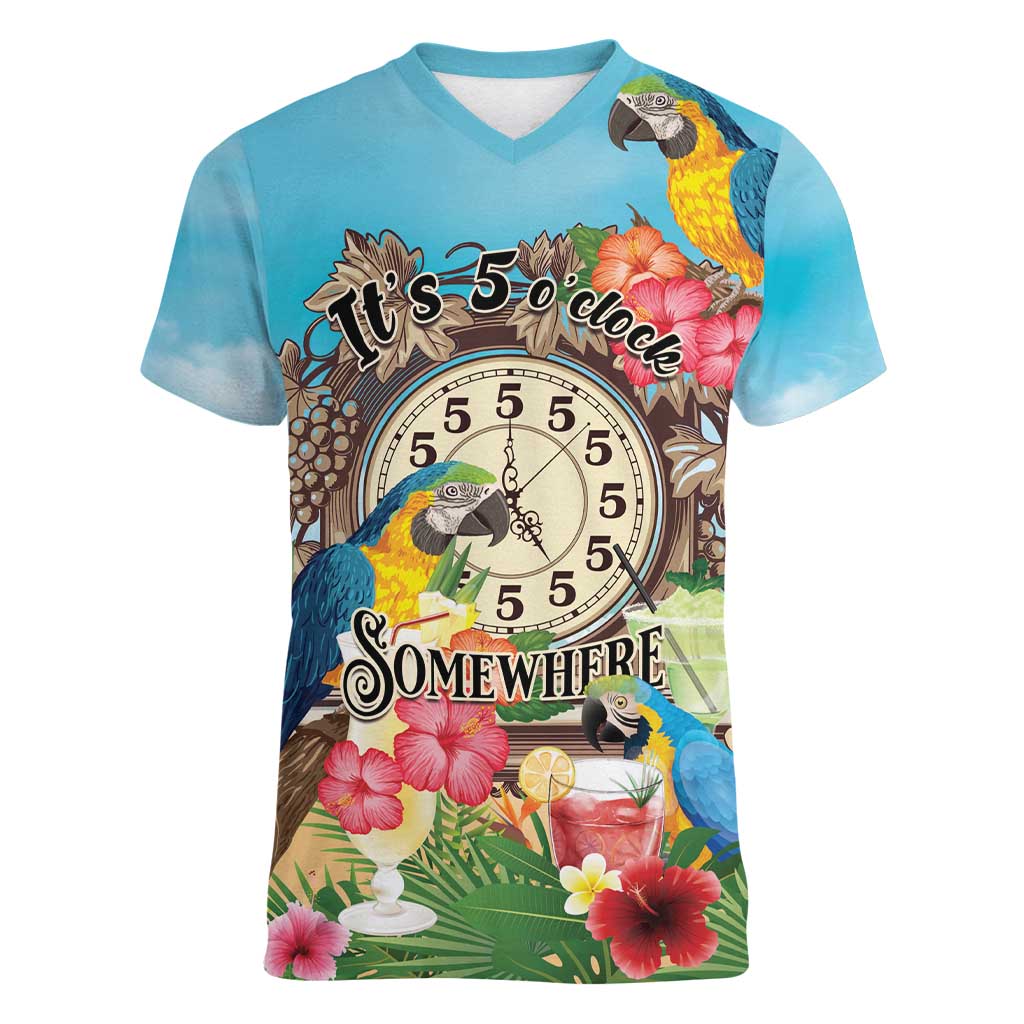 Personalized It's 5 o'clock Somewhere Women V-Neck T-Shirt Hawaiian Tropical Parrots - Wonder Print Shop