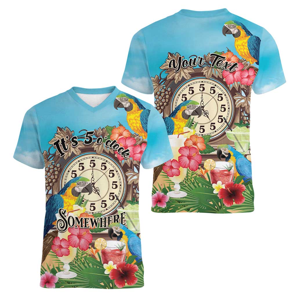 Personalized It's 5 o'clock Somewhere Women V-Neck T-Shirt Hawaiian Tropical Parrots - Wonder Print Shop