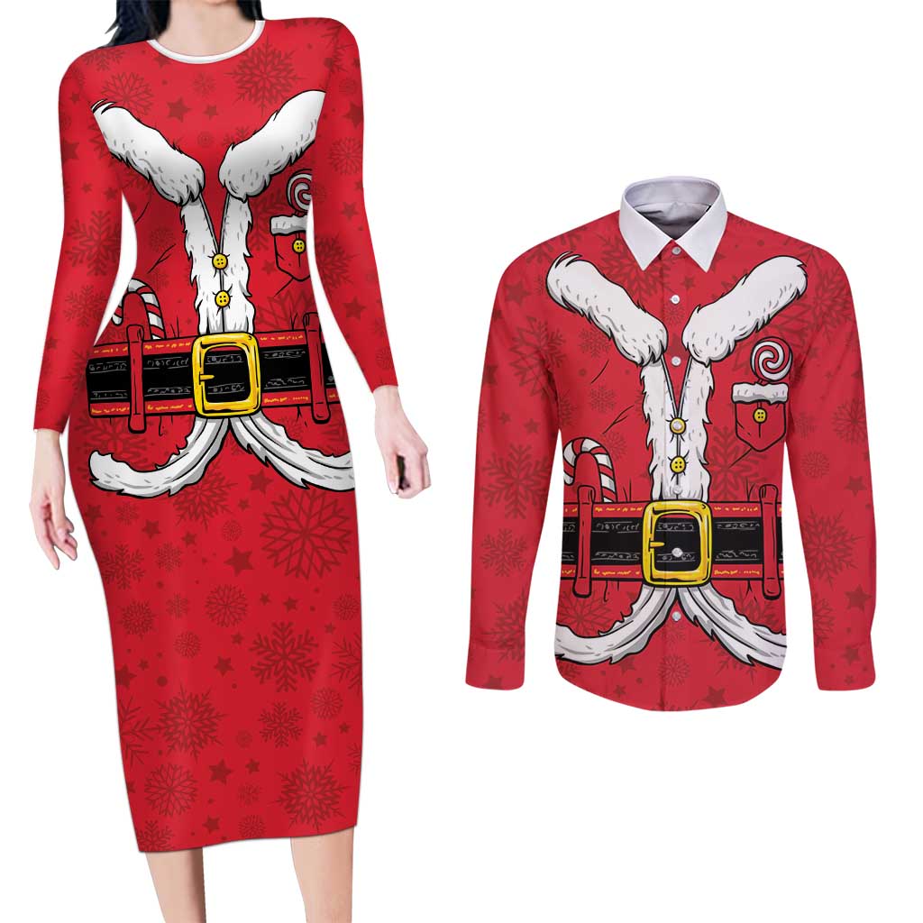 Personalized Santa Costume Couples Matching Long Sleeve Bodycon Dress and Long Sleeve Button Shirt Funny Christmas - Wonder Print Shop