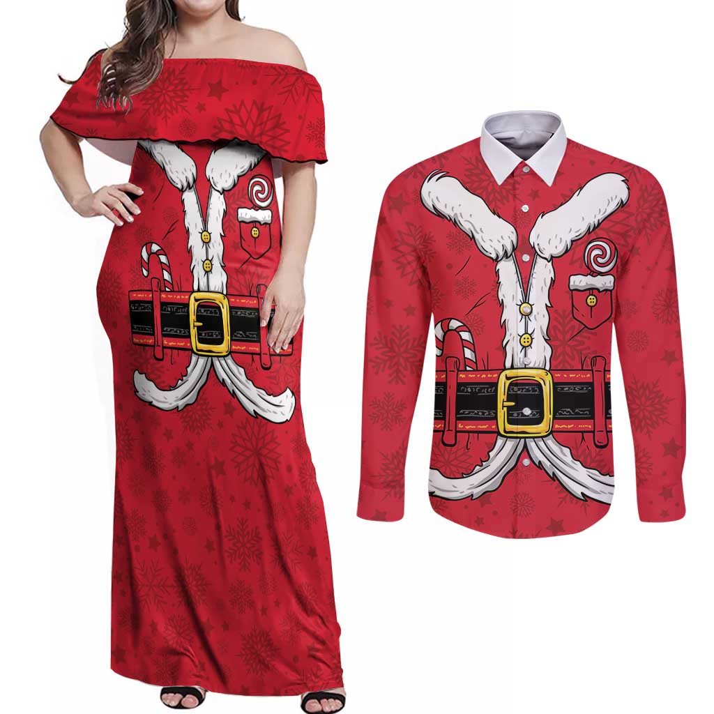 Personalized Santa Costume Couples Matching Off Shoulder Maxi Dress and Long Sleeve Button Shirt Funny Christmas - Wonder Print Shop
