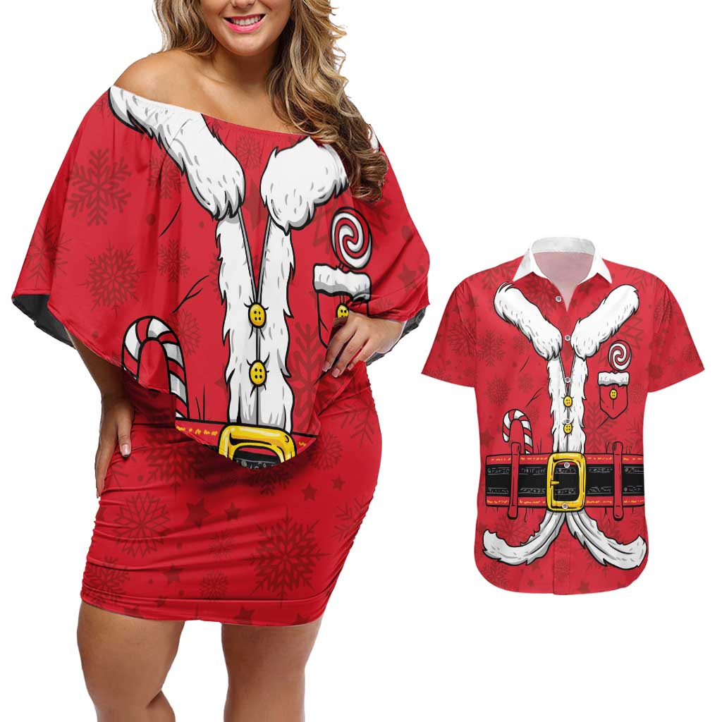Personalized Santa Costume Couples Matching Off Shoulder Short Dress and Hawaiian Shirt Funny Christmas - Wonder Print Shop