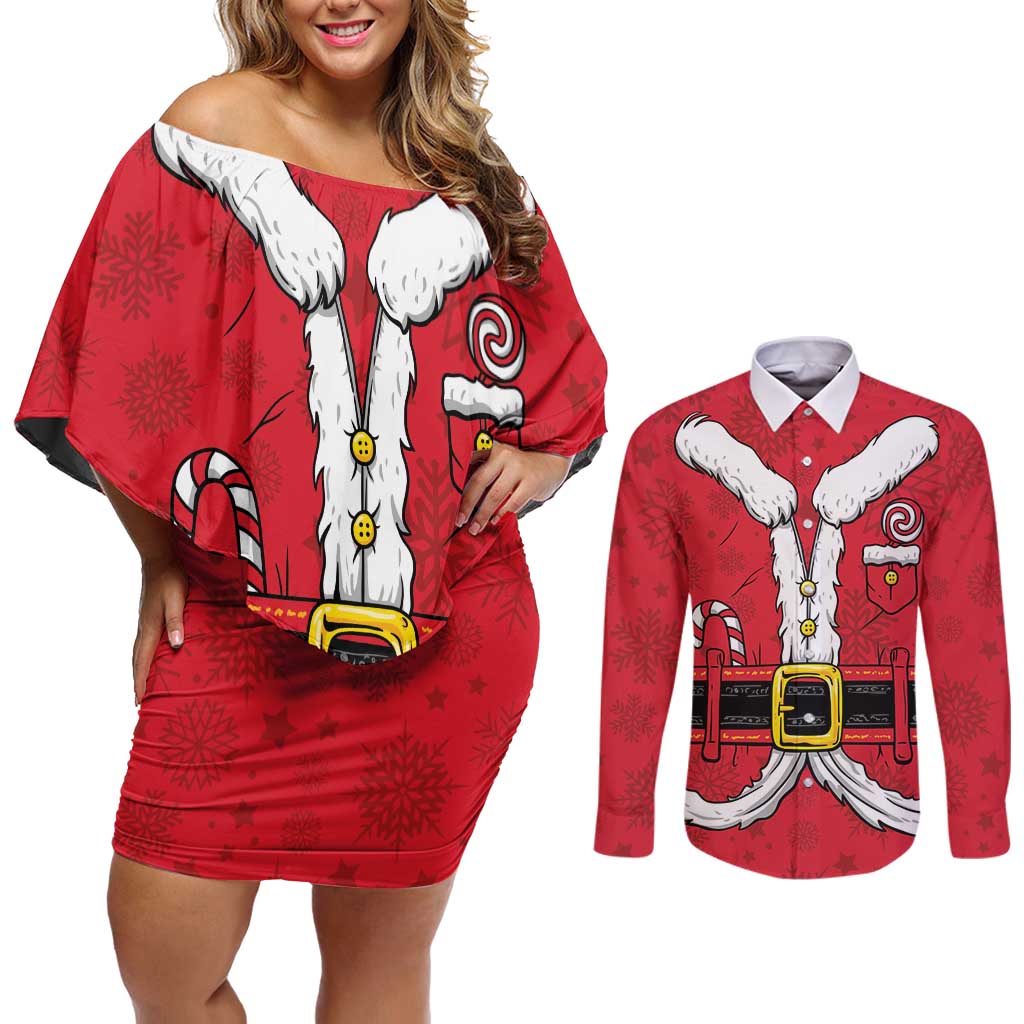 Personalized Santa Costume Couples Matching Off Shoulder Short Dress and Long Sleeve Button Shirt Funny Christmas - Wonder Print Shop