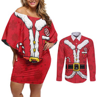 Personalized Santa Costume Couples Matching Off Shoulder Short Dress and Long Sleeve Button Shirt Funny Christmas - Wonder Print Shop