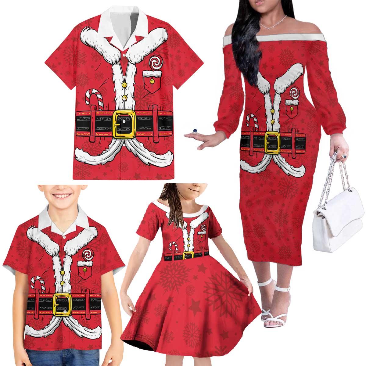 Personalized Santa Costume Family Matching Off The Shoulder Long Sleeve Dress and Hawaiian Shirt Funny Christmas - Wonder Print Shop