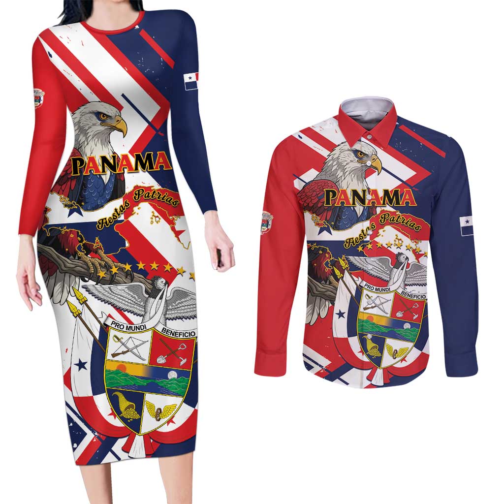 Panama Fiestas Patrias Couples Matching Long Sleeve Bodycon Dress and Long Sleeve Button Shirt Pro Mundi Beneficio - Wonder Print Shop
