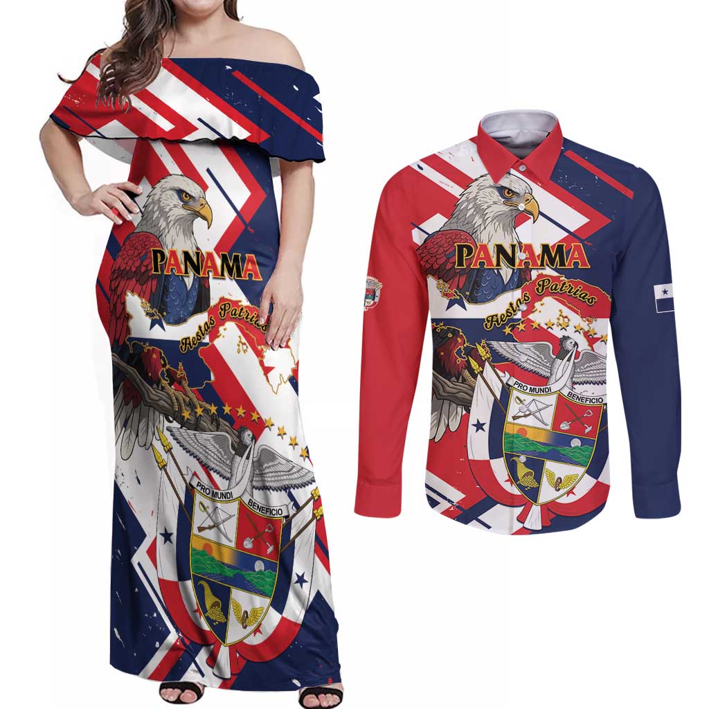 Panama Fiestas Patrias Couples Matching Off Shoulder Maxi Dress and Long Sleeve Button Shirt Pro Mundi Beneficio - Wonder Print Shop