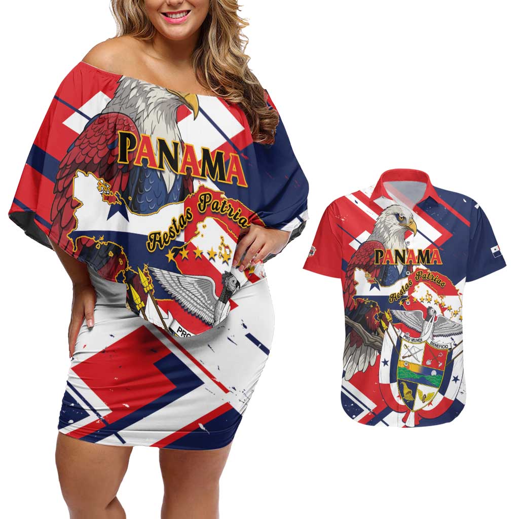 Panama Fiestas Patrias Couples Matching Off Shoulder Short Dress and Hawaiian Shirt Pro Mundi Beneficio - Wonder Print Shop