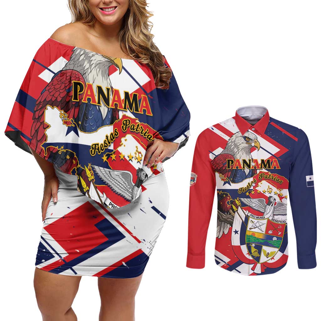 Panama Fiestas Patrias Couples Matching Off Shoulder Short Dress and Long Sleeve Button Shirt Pro Mundi Beneficio - Wonder Print Shop