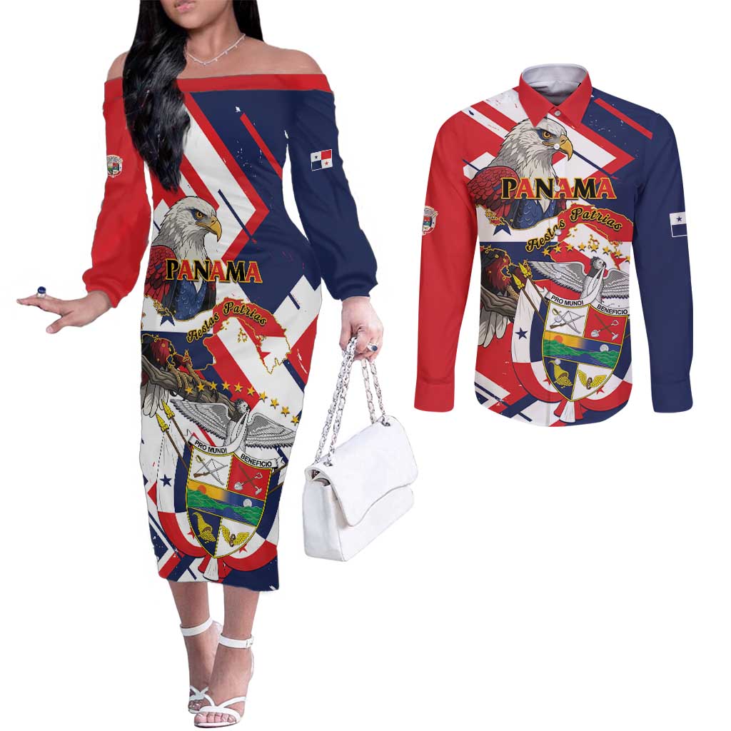 Panama Fiestas Patrias Couples Matching Off The Shoulder Long Sleeve Dress and Long Sleeve Button Shirt Pro Mundi Beneficio - Wonder Print Shop