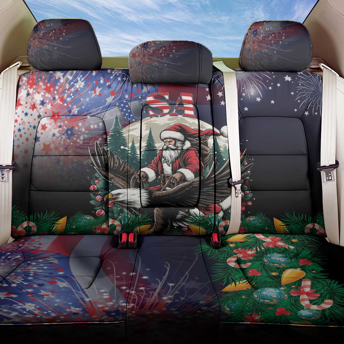 USA Christmas Back Car Seat Cover Santa Claus With Eagle - Wonder Print Shop