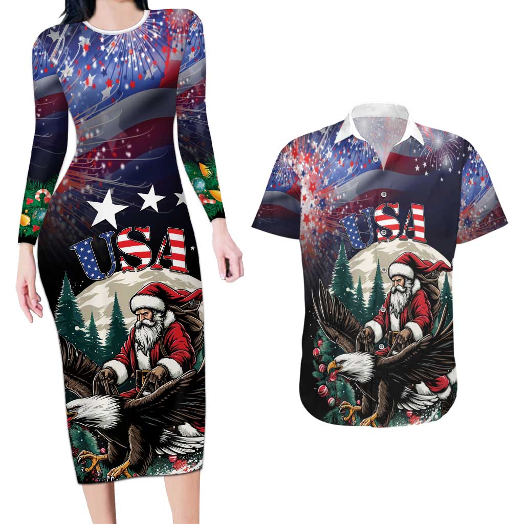 Personalized USA Christmas Couples Matching Long Sleeve Bodycon Dress and Hawaiian Shirt Santa Claus With Eagle - Wonder Print Shop