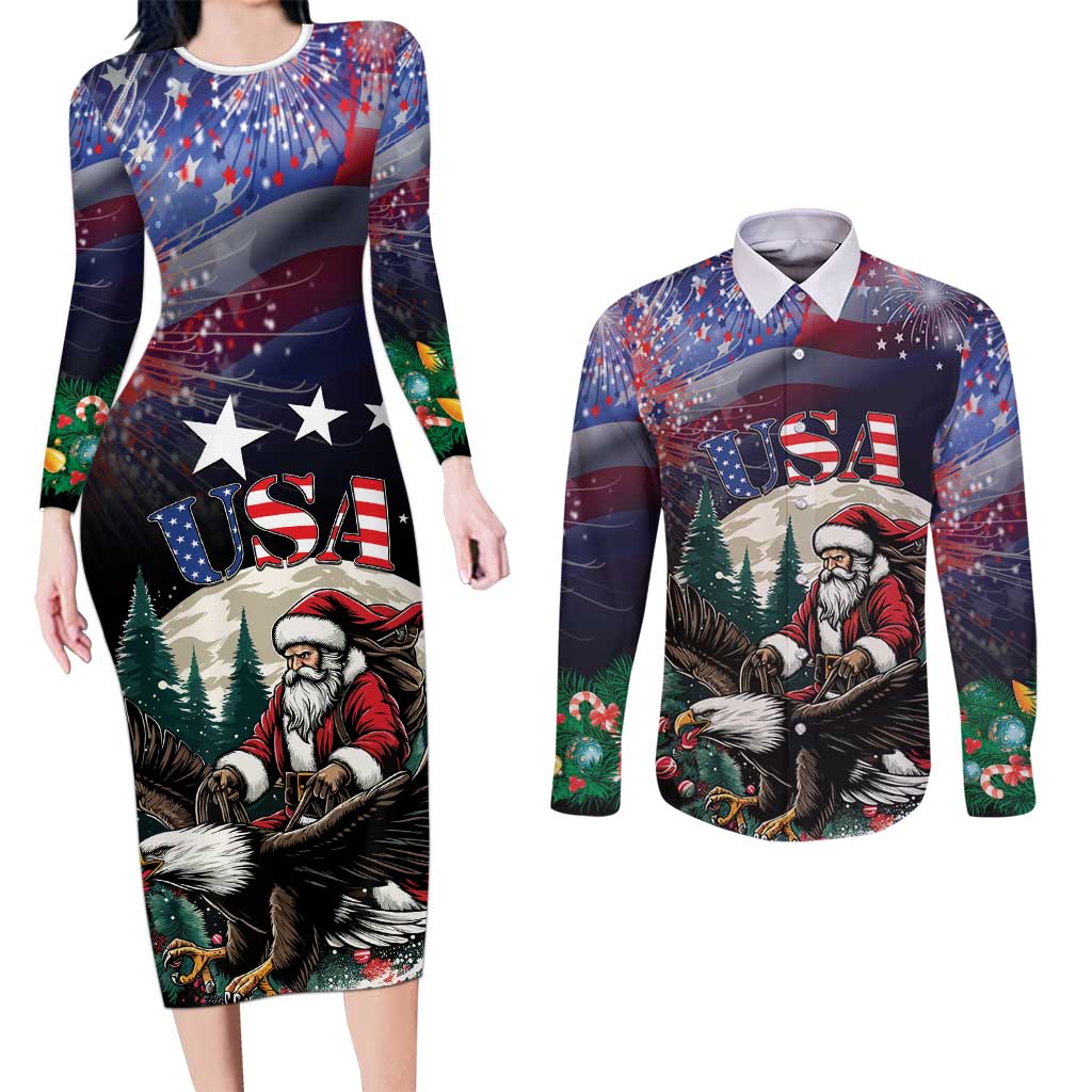 Personalized USA Christmas Couples Matching Long Sleeve Bodycon Dress and Long Sleeve Button Shirt Santa Claus With Eagle - Wonder Print Shop