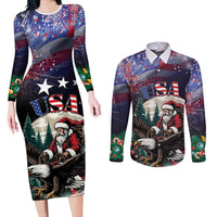 Personalized USA Christmas Couples Matching Long Sleeve Bodycon Dress and Long Sleeve Button Shirt Santa Claus With Eagle - Wonder Print Shop