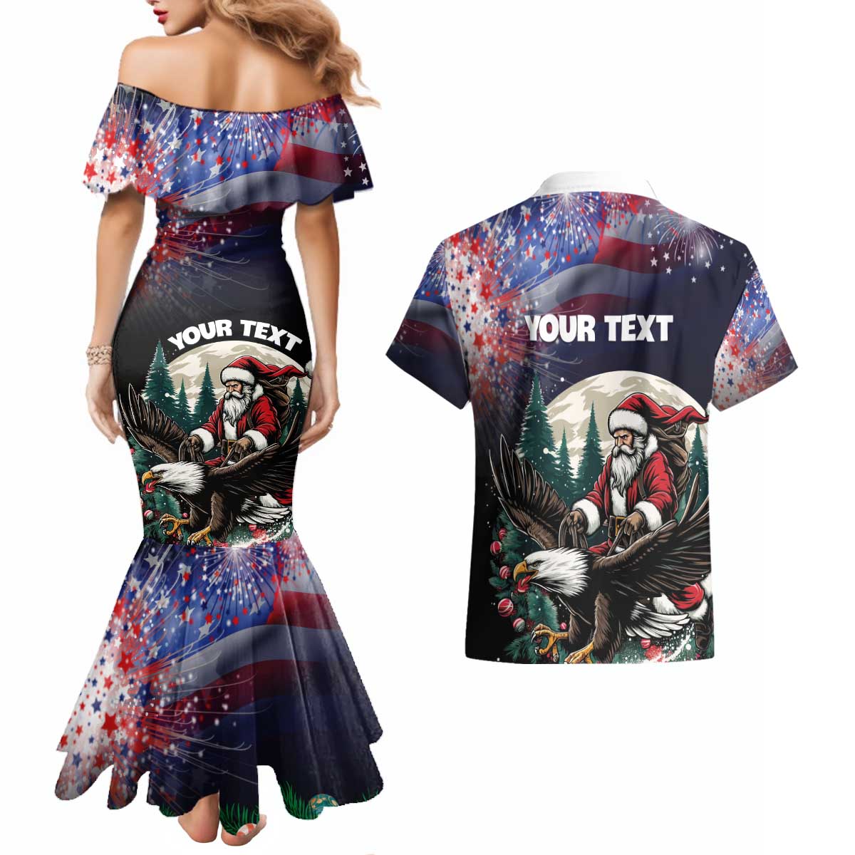 Personalized USA Christmas Couples Matching Mermaid Dress and Hawaiian Shirt Santa Claus With Eagle - Wonder Print Shop