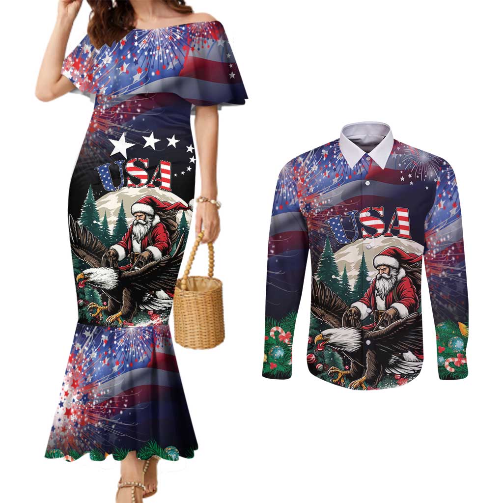 Personalized USA Christmas Couples Matching Mermaid Dress and Long Sleeve Button Shirt Santa Claus With Eagle