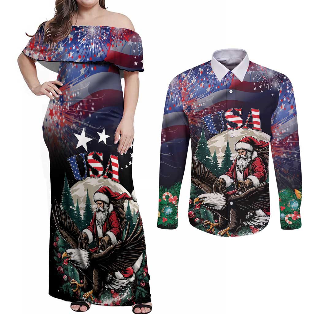 Personalized USA Christmas Couples Matching Off Shoulder Maxi Dress and Long Sleeve Button Shirt Santa Claus With Eagle - Wonder Print Shop