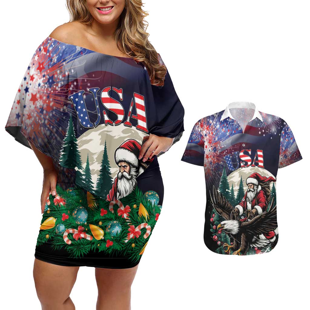 Personalized USA Christmas Couples Matching Off Shoulder Short Dress and Hawaiian Shirt Santa Claus With Eagle - Wonder Print Shop
