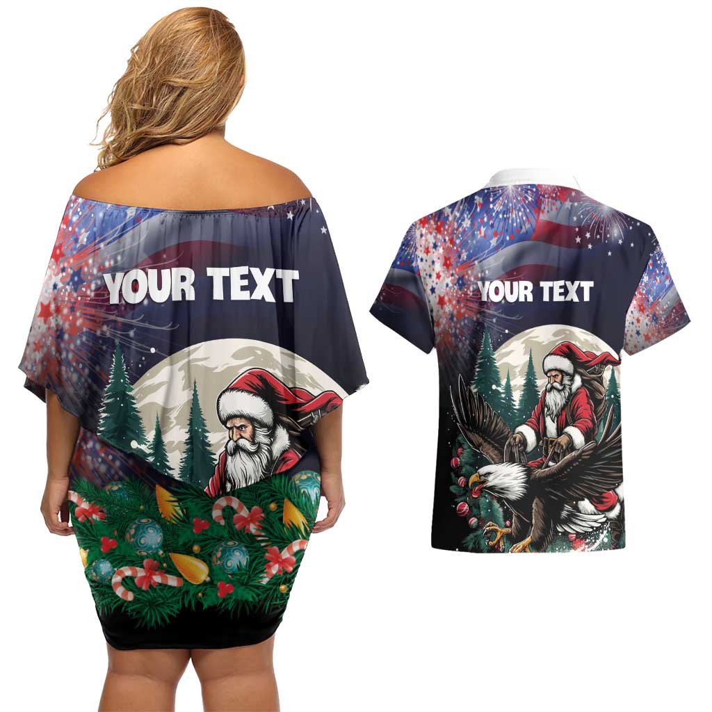 Personalized USA Christmas Couples Matching Off Shoulder Short Dress and Hawaiian Shirt Santa Claus With Eagle - Wonder Print Shop