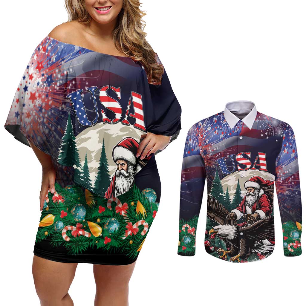 Personalized USA Christmas Couples Matching Off Shoulder Short Dress and Long Sleeve Button Shirt Santa Claus With Eagle - Wonder Print Shop