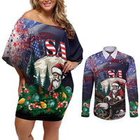 Personalized USA Christmas Couples Matching Off Shoulder Short Dress and Long Sleeve Button Shirt Santa Claus With Eagle - Wonder Print Shop