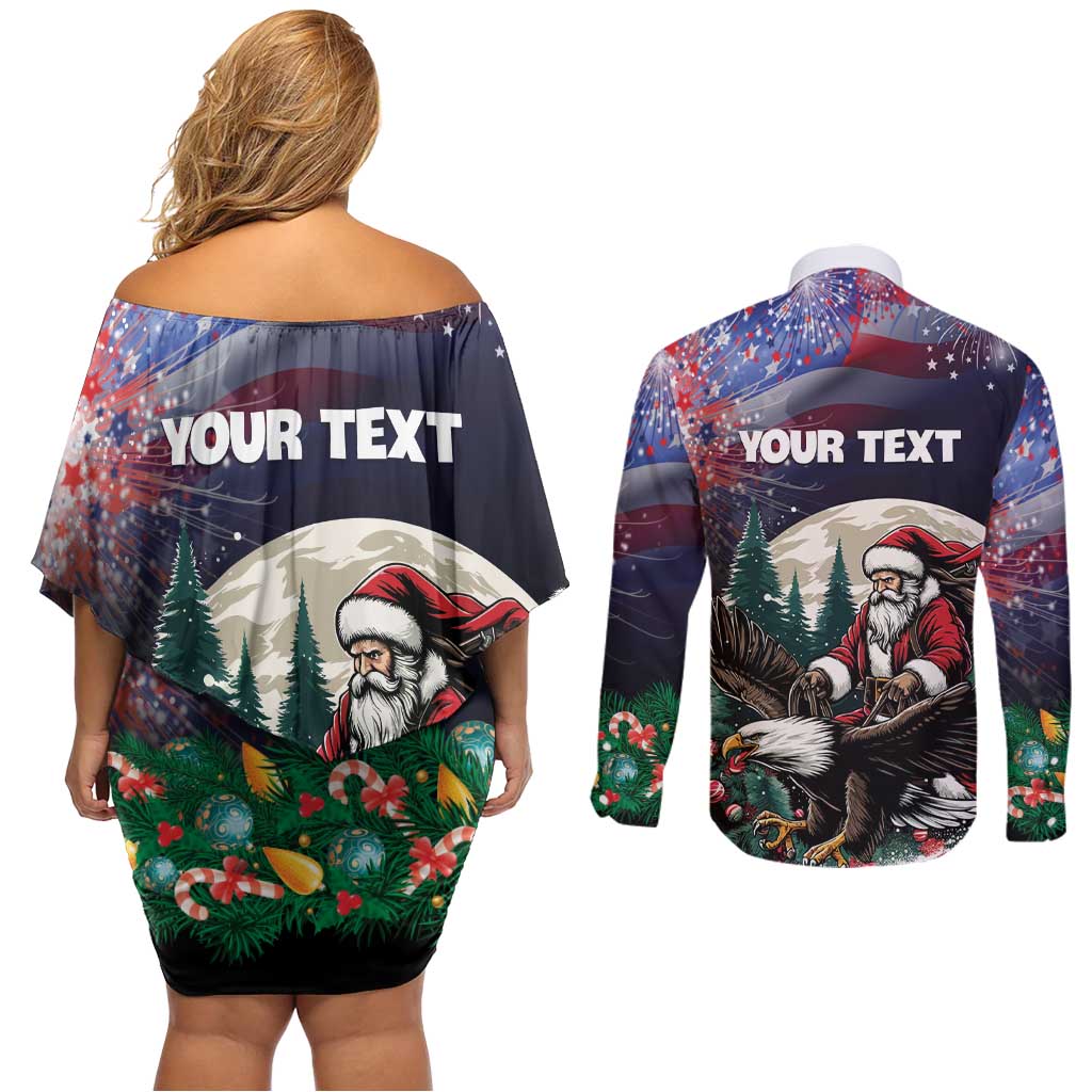Personalized USA Christmas Couples Matching Off Shoulder Short Dress and Long Sleeve Button Shirt Santa Claus With Eagle - Wonder Print Shop