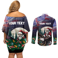 Personalized USA Christmas Couples Matching Off Shoulder Short Dress and Long Sleeve Button Shirt Santa Claus With Eagle - Wonder Print Shop