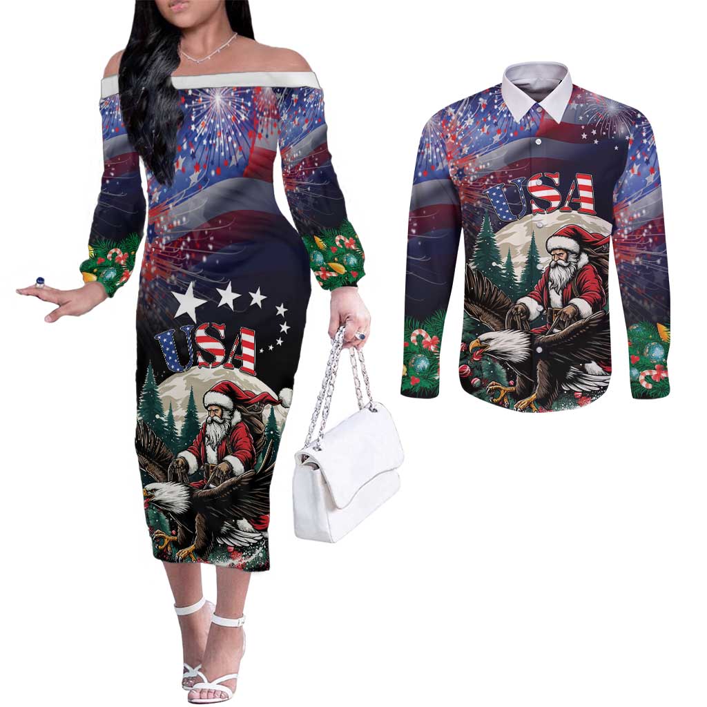 Personalized USA Christmas Couples Matching Off The Shoulder Long Sleeve Dress and Long Sleeve Button Shirt Santa Claus With Eagle