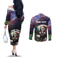 Personalized USA Christmas Couples Matching Off The Shoulder Long Sleeve Dress and Long Sleeve Button Shirt Santa Claus With Eagle