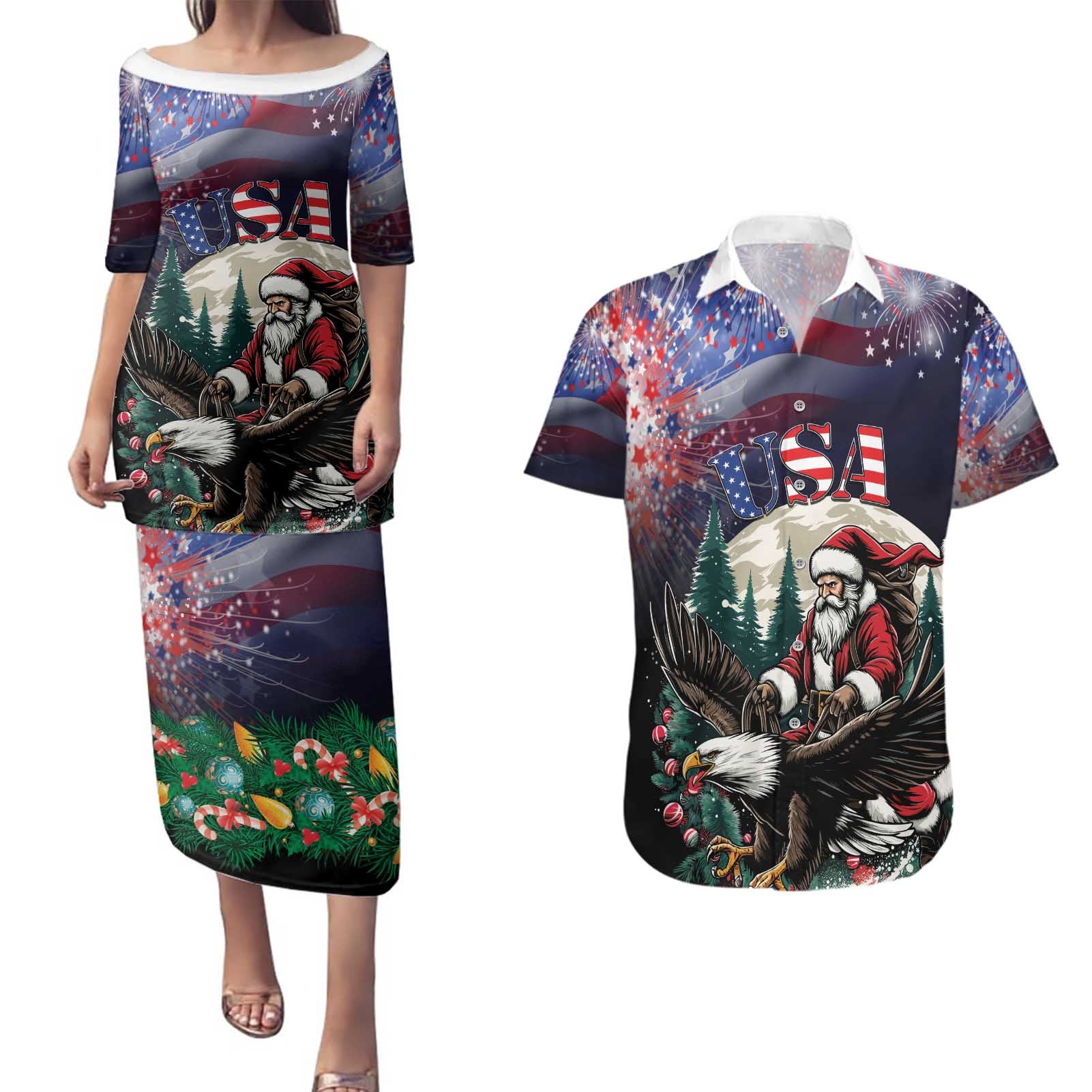 Personalized USA Christmas Couples Matching Puletasi and Hawaiian Shirt Santa Claus With Eagle - Wonder Print Shop