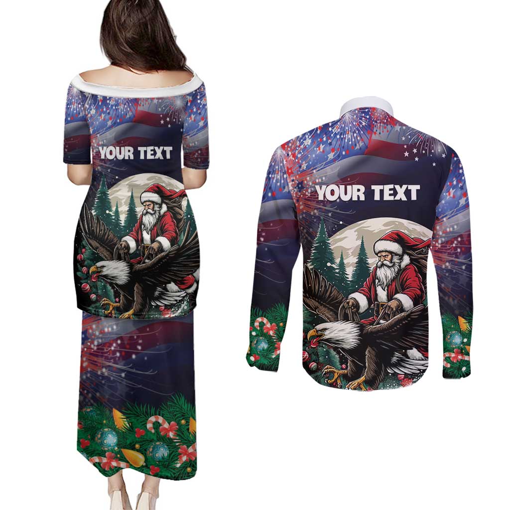 Personalized USA Christmas Couples Matching Puletasi and Long Sleeve Button Shirt Santa Claus With Eagle - Wonder Print Shop