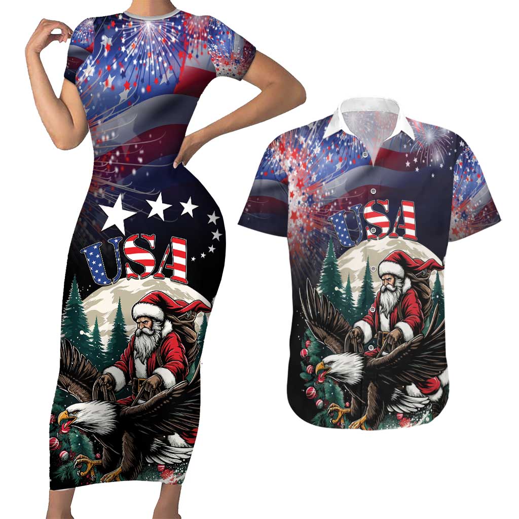 Personalized USA Christmas Couples Matching Short Sleeve Bodycon Dress and Hawaiian Shirt Santa Claus With Eagle - Wonder Print Shop