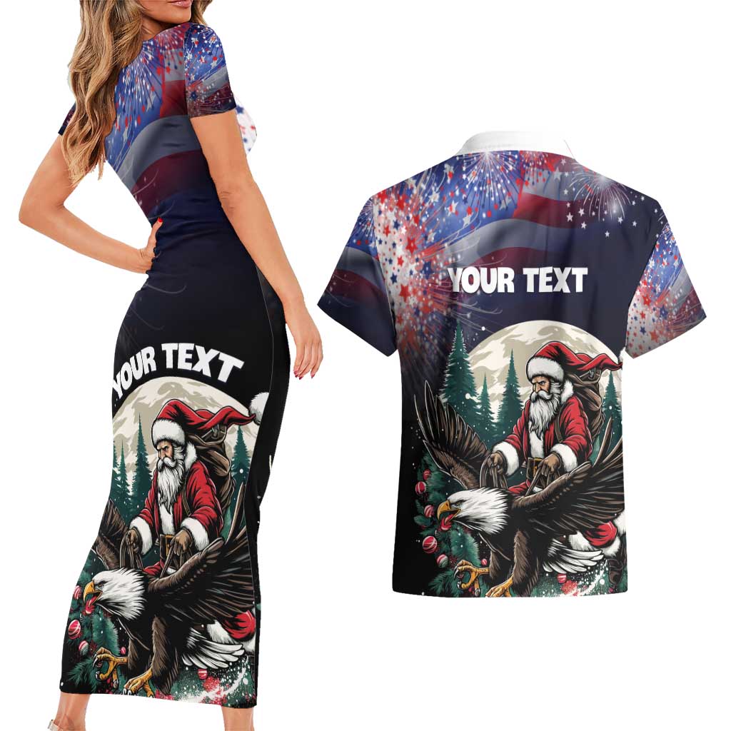 Personalized USA Christmas Couples Matching Short Sleeve Bodycon Dress and Hawaiian Shirt Santa Claus With Eagle - Wonder Print Shop