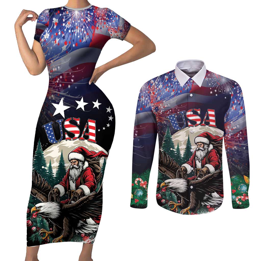 Personalized USA Christmas Couples Matching Short Sleeve Bodycon Dress and Long Sleeve Button Shirt Santa Claus With Eagle - Wonder Print Shop