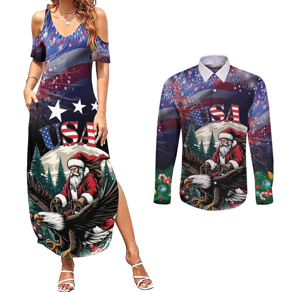 Personalized USA Christmas Couples Matching Summer Maxi Dress and Long Sleeve Button Shirt Santa Claus With Eagle - Wonder Print Shop