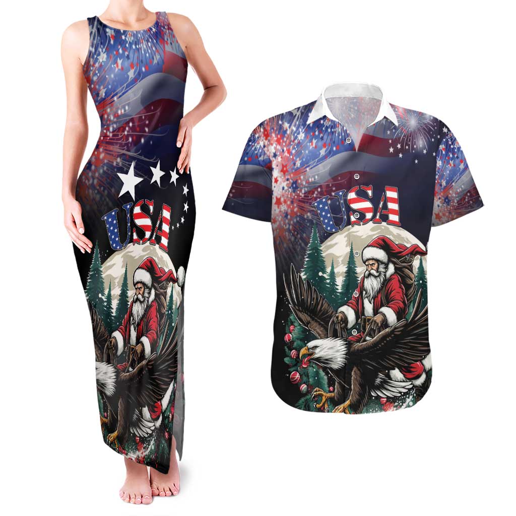Personalized USA Christmas Couples Matching Tank Maxi Dress and Hawaiian Shirt Santa Claus With Eagle - Wonder Print Shop