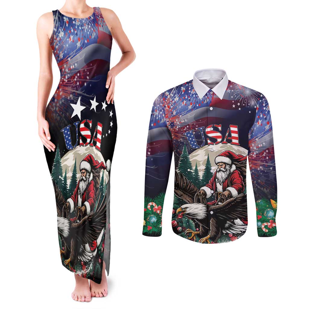 Personalized USA Christmas Couples Matching Tank Maxi Dress and Long Sleeve Button Shirt Santa Claus With Eagle - Wonder Print Shop