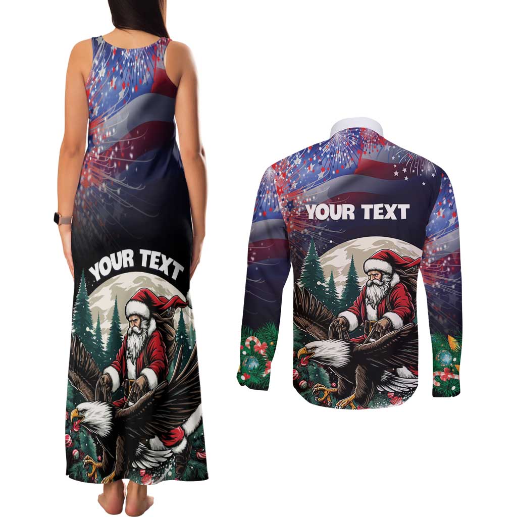 Personalized USA Christmas Couples Matching Tank Maxi Dress and Long Sleeve Button Shirt Santa Claus With Eagle - Wonder Print Shop