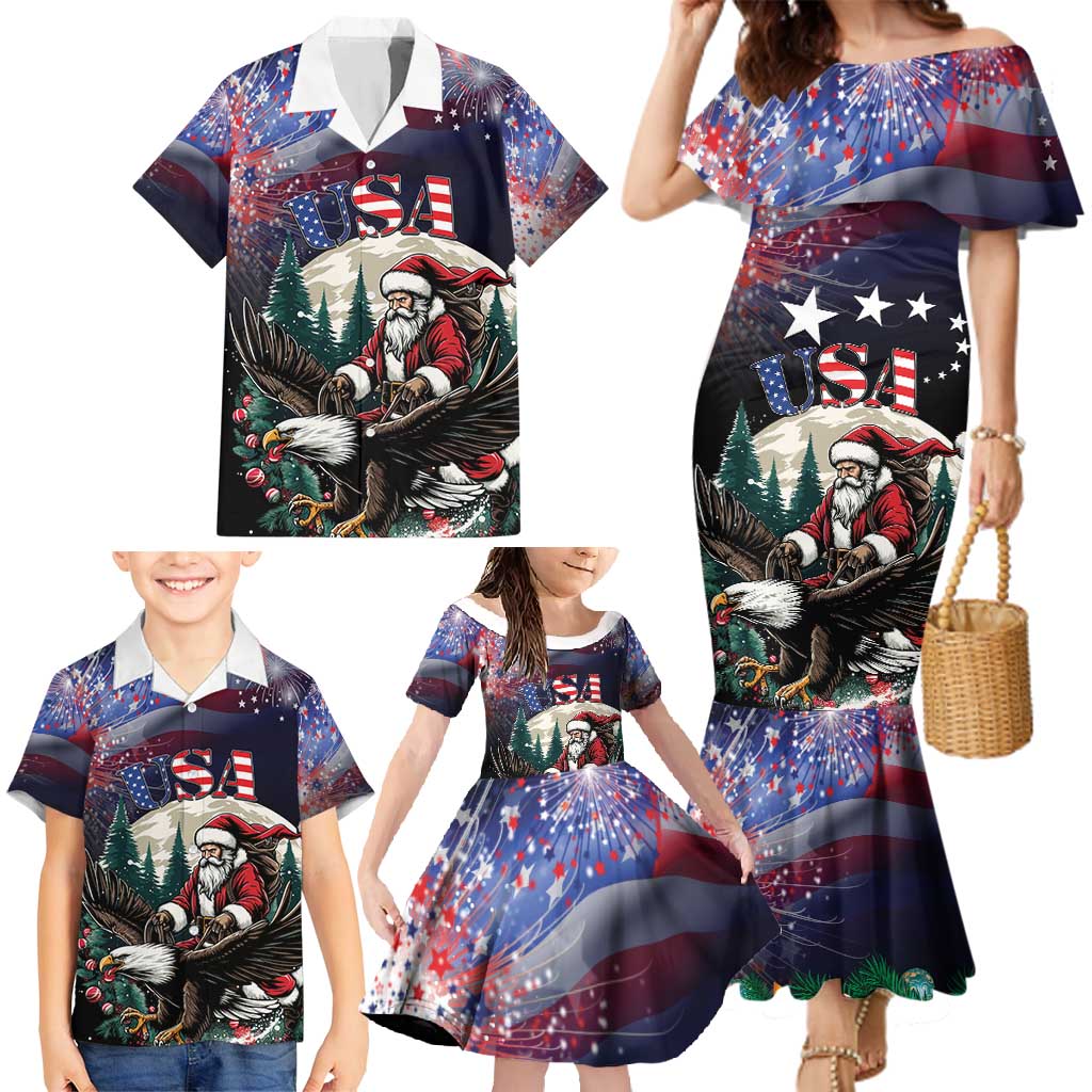 Personalized USA Christmas Family Matching Mermaid Dress and Hawaiian Shirt Santa Claus With Eagle - Wonder Print Shop