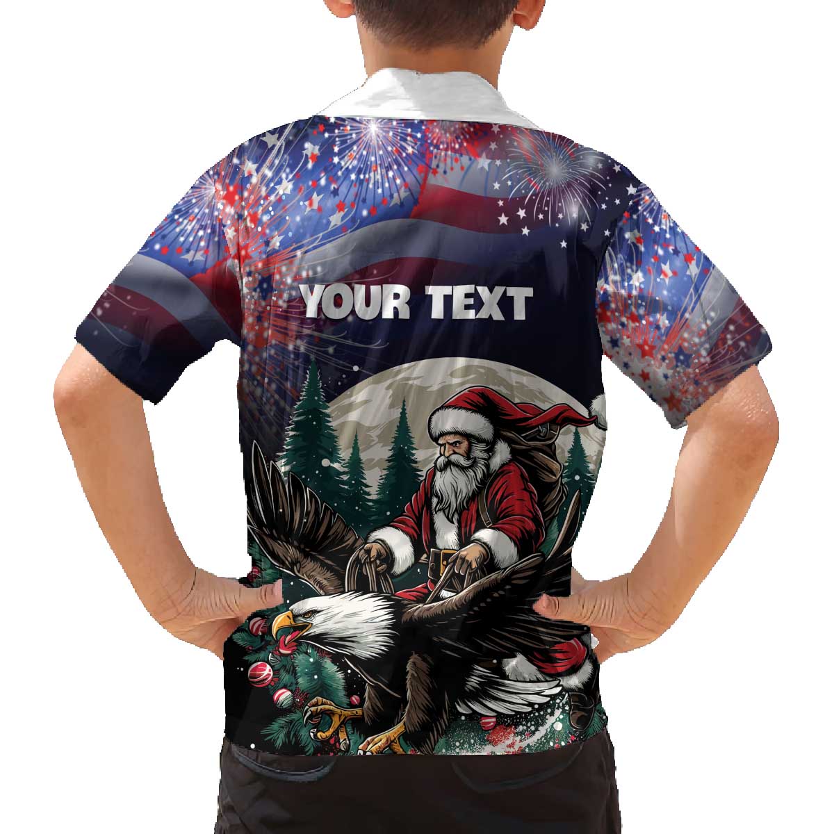 Personalized USA Christmas Family Matching Off The Shoulder Long Sleeve Dress and Hawaiian Shirt Santa Claus With Eagle - Wonder Print Shop