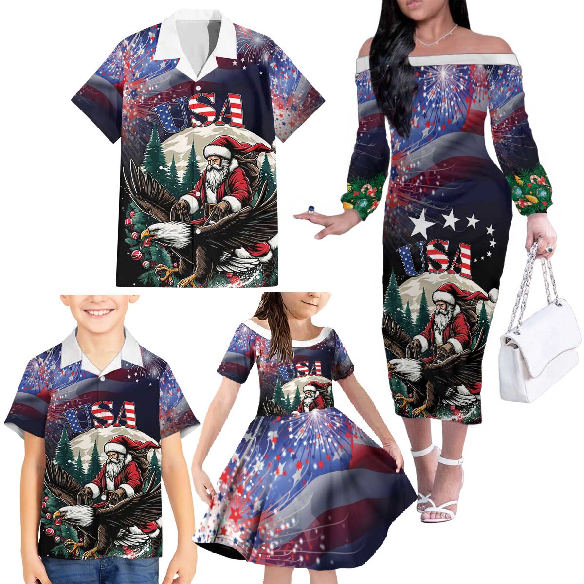 Personalized USA Christmas Family Matching Off The Shoulder Long Sleeve Dress and Hawaiian Shirt Santa Claus With Eagle - Wonder Print Shop