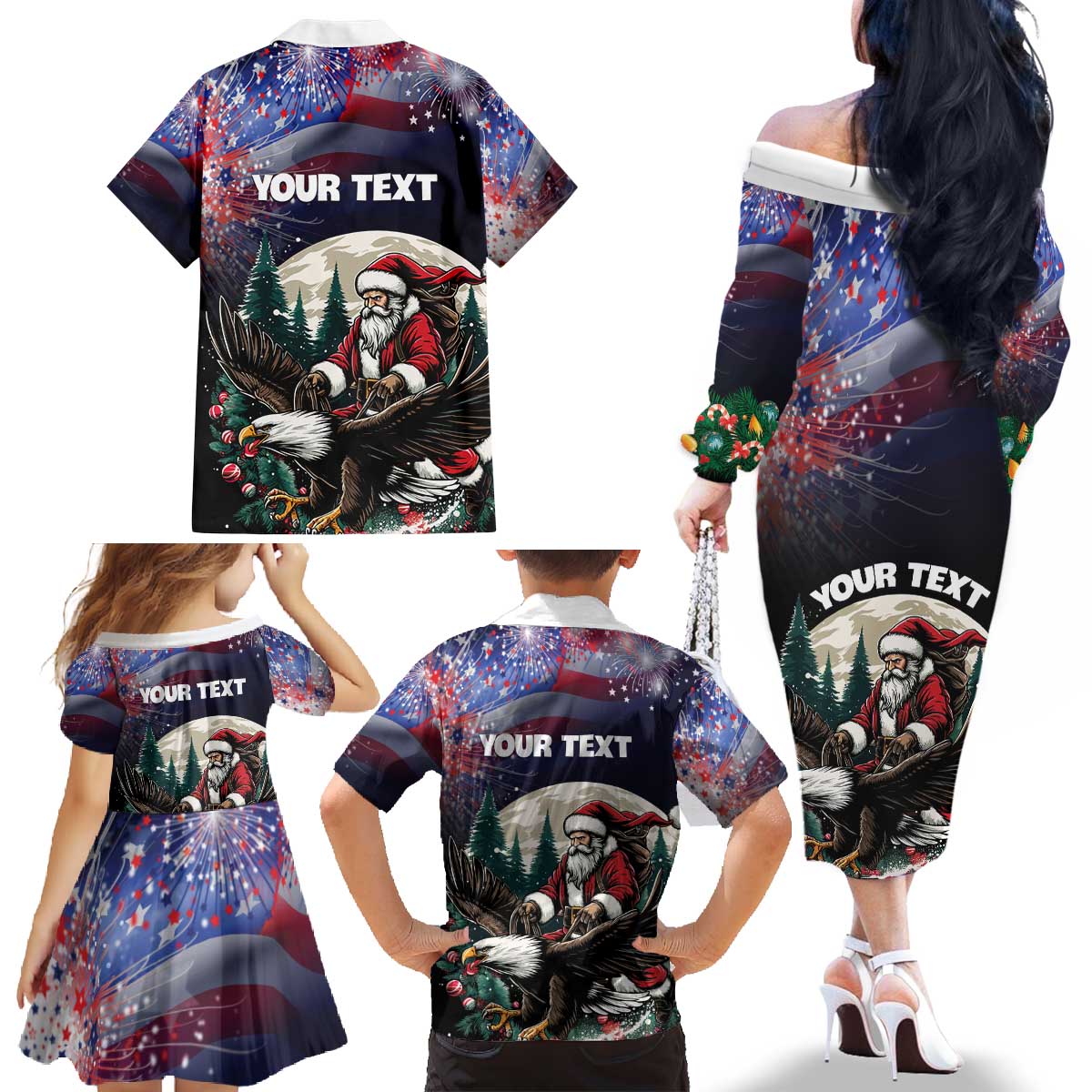Personalized USA Christmas Family Matching Off The Shoulder Long Sleeve Dress and Hawaiian Shirt Santa Claus With Eagle - Wonder Print Shop