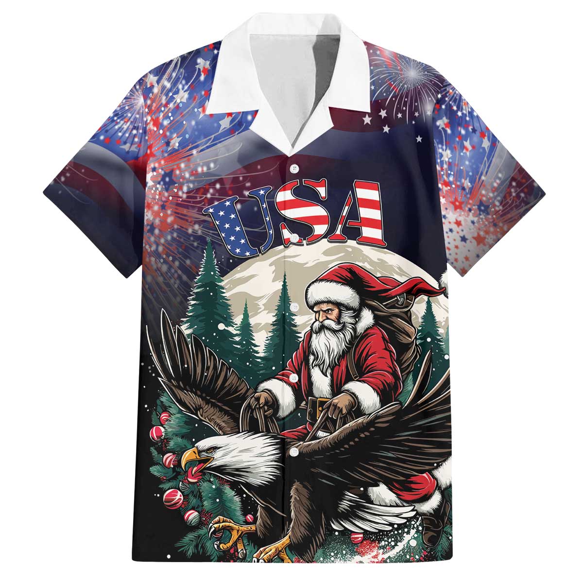 Personalized USA Christmas Family Matching Off The Shoulder Long Sleeve Dress and Hawaiian Shirt Santa Claus With Eagle - Wonder Print Shop
